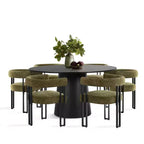 Set tavolo da pranzo rotondo con base a piedistallo, nero/rovere, sedie in ciniglia imbottite, 6 posti