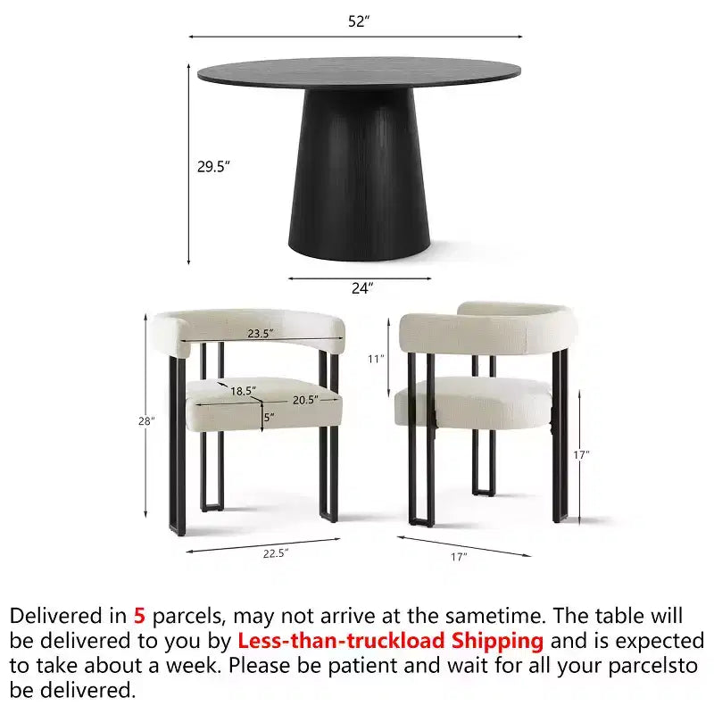 Set tavolo da pranzo rotondo con base a piedistallo, nero/rovere, sedie in ciniglia imbottite, 6 posti