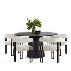 Set tavolo da pranzo rotondo con base a piedistallo, nero/rovere, sedie in ciniglia imbottite, 6 posti