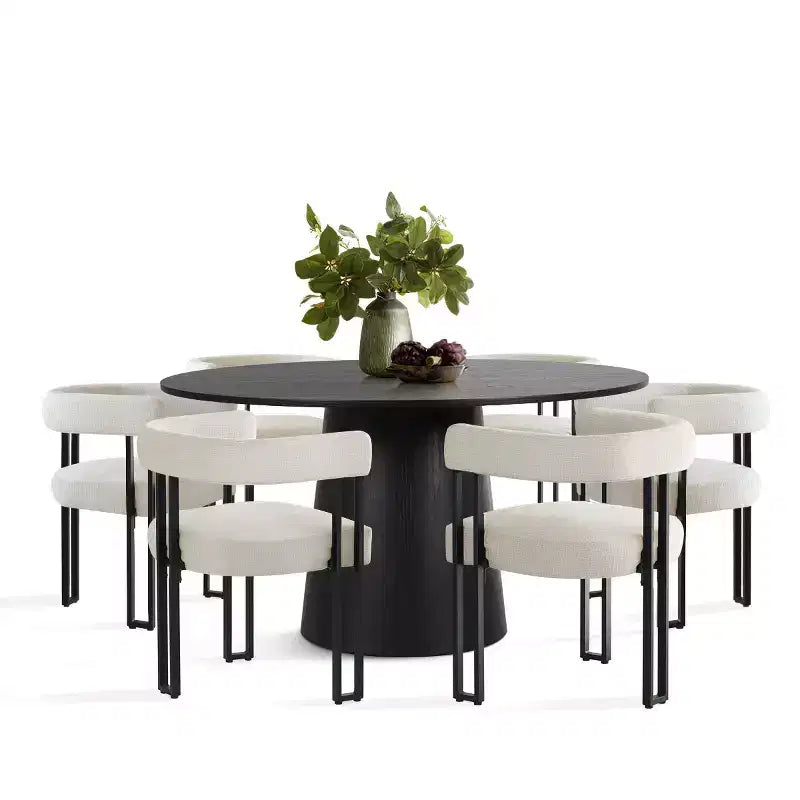 Set tavolo da pranzo rotondo con base a piedistallo, nero/rovere, sedie in ciniglia imbottite, 6 posti