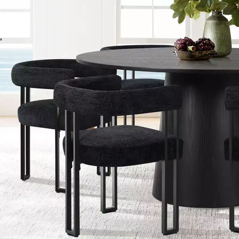 Set tavolo da pranzo rotondo con base a piedistallo, nero/rovere, sedie in ciniglia imbottite, 6 posti