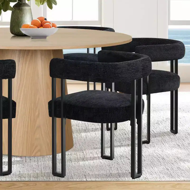Set tavolo da pranzo rotondo con base a piedistallo, nero/rovere, sedie in ciniglia imbottite, 6 posti