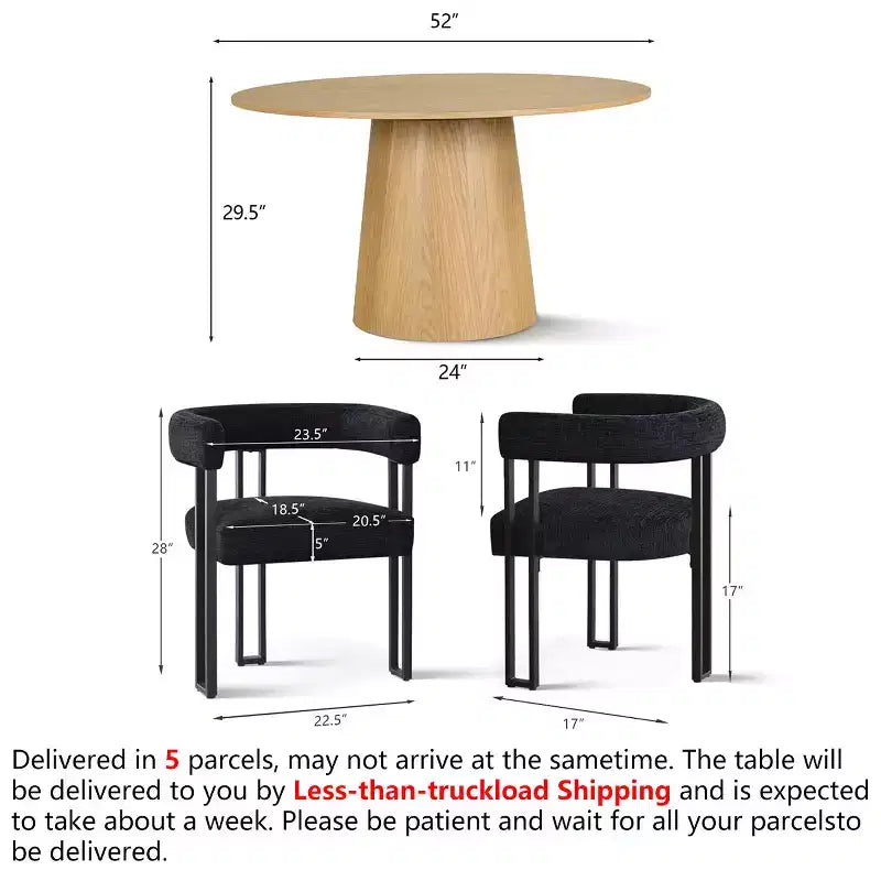 Set tavolo da pranzo rotondo con base a piedistallo, nero/rovere, sedie in ciniglia imbottite, 6 posti