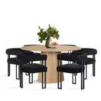 Set tavolo da pranzo rotondo con base a piedistallo, nero/rovere, sedie in ciniglia imbottite, 6 posti