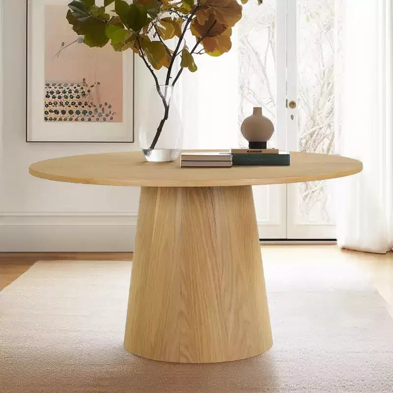 Set tavolo da pranzo rotondo con base a piedistallo, nero/rovere, sedie in ciniglia imbottite, 6 posti