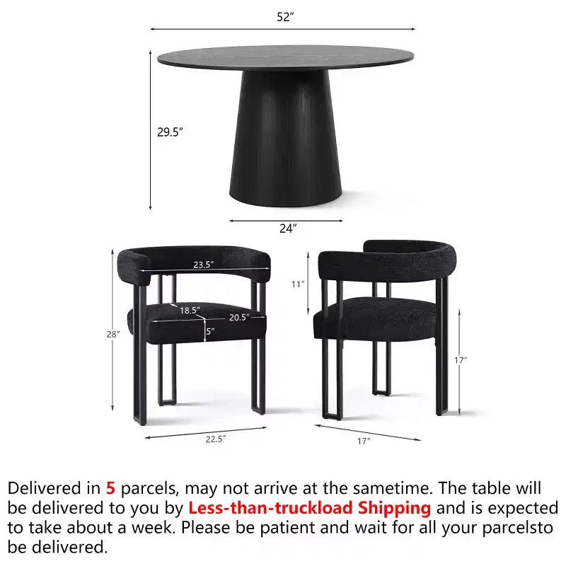 Set tavolo da pranzo rotondo con base a piedistallo, nero/rovere, sedie in ciniglia imbottite, 6 posti