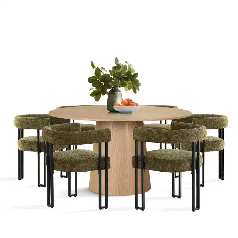 Set tavolo da pranzo rotondo con base a piedistallo, nero/rovere, sedie in ciniglia imbottite, 6 posti