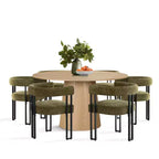 Set tavolo da pranzo rotondo con base a piedistallo, nero/rovere, sedie in ciniglia imbottite, 6 posti