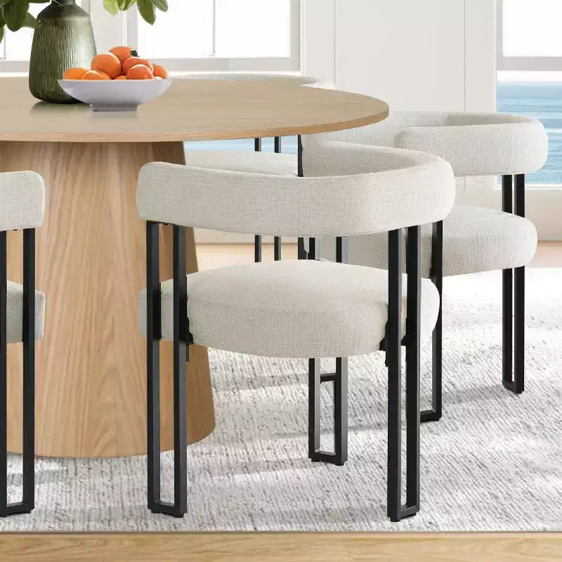 Set tavolo da pranzo rotondo con base a piedistallo, nero/rovere, sedie in ciniglia imbottite, 6 posti