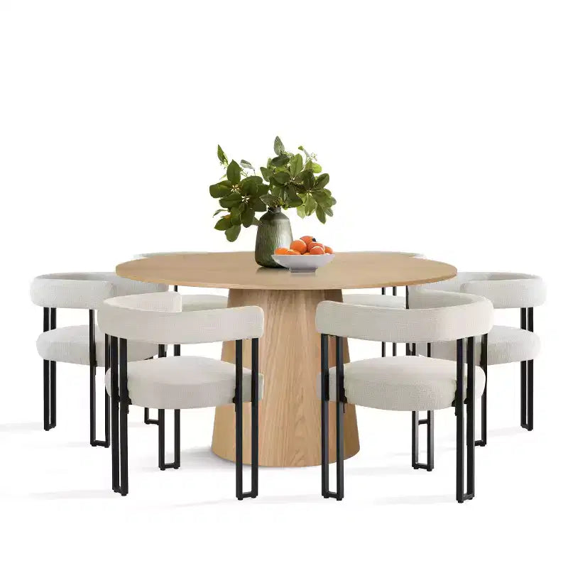 Set tavolo da pranzo rotondo con base a piedistallo, nero/rovere, sedie in ciniglia imbottite, 6 posti