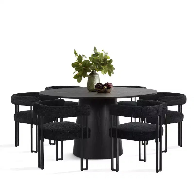 Set tavolo da pranzo rotondo con base a piedistallo, nero/rovere, sedie in ciniglia imbottite, 6 posti