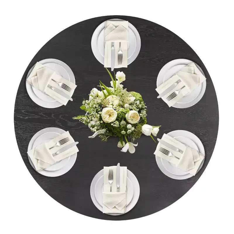 Set tavolo da pranzo rotondo con base a piedistallo, nero/rovere, sedie in ciniglia imbottite, 6 posti