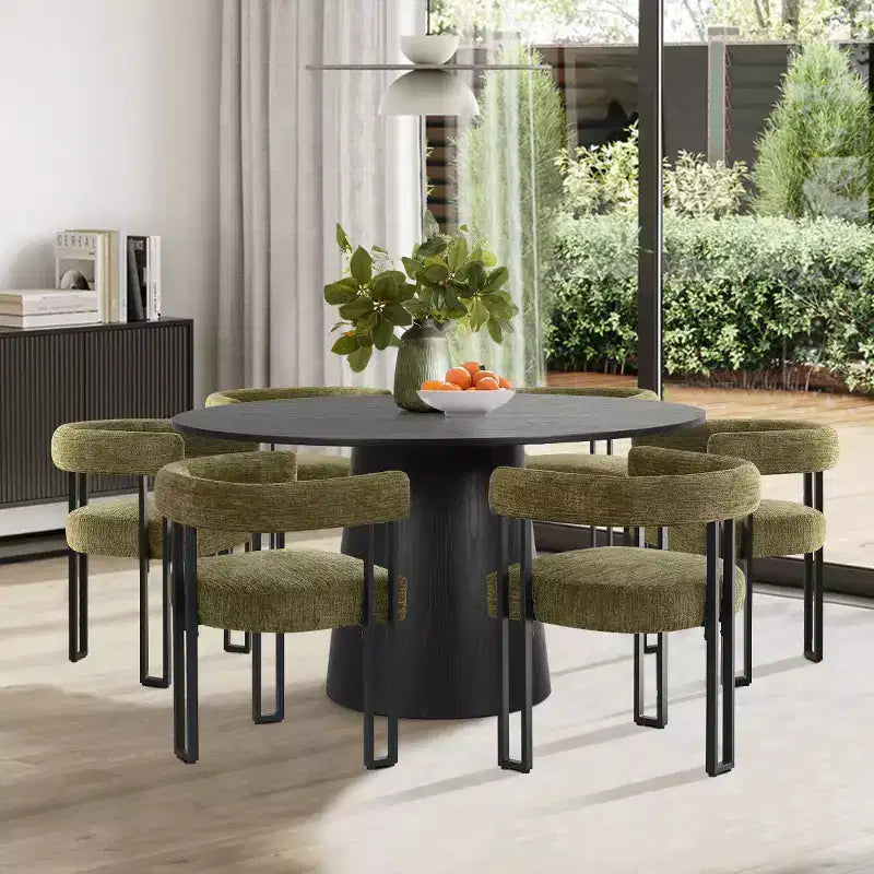 Set tavolo da pranzo rotondo con base a piedistallo, nero/rovere, sedie in ciniglia imbottite, 6 posti