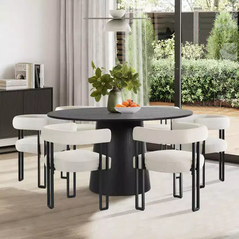 Set tavolo da pranzo rotondo con base a piedistallo, nero/rovere, sedie in ciniglia imbottite, 6 posti