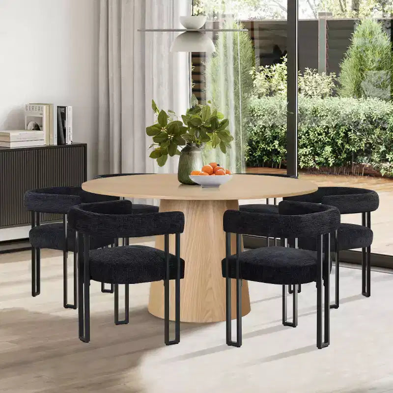 Set tavolo da pranzo rotondo con base a piedistallo, nero/rovere, sedie in ciniglia imbottite, 6 posti