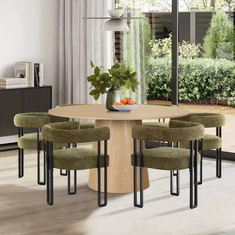 Set tavolo da pranzo rotondo con base a piedistallo, nero/rovere, sedie in ciniglia imbottite, 6 posti