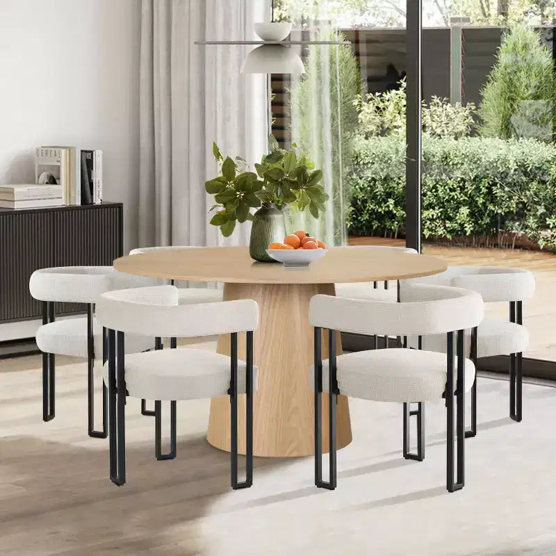 Set tavolo da pranzo rotondo con base a piedistallo, nero/rovere, sedie in ciniglia imbottite, 6 posti