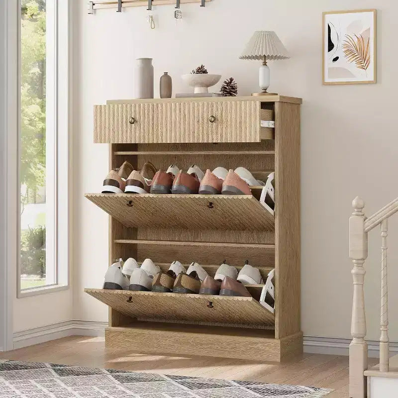 Scarpaia a ribalta Nera / Naturale / Noce con Cassetto Superiore, Contiene 12 Paia
