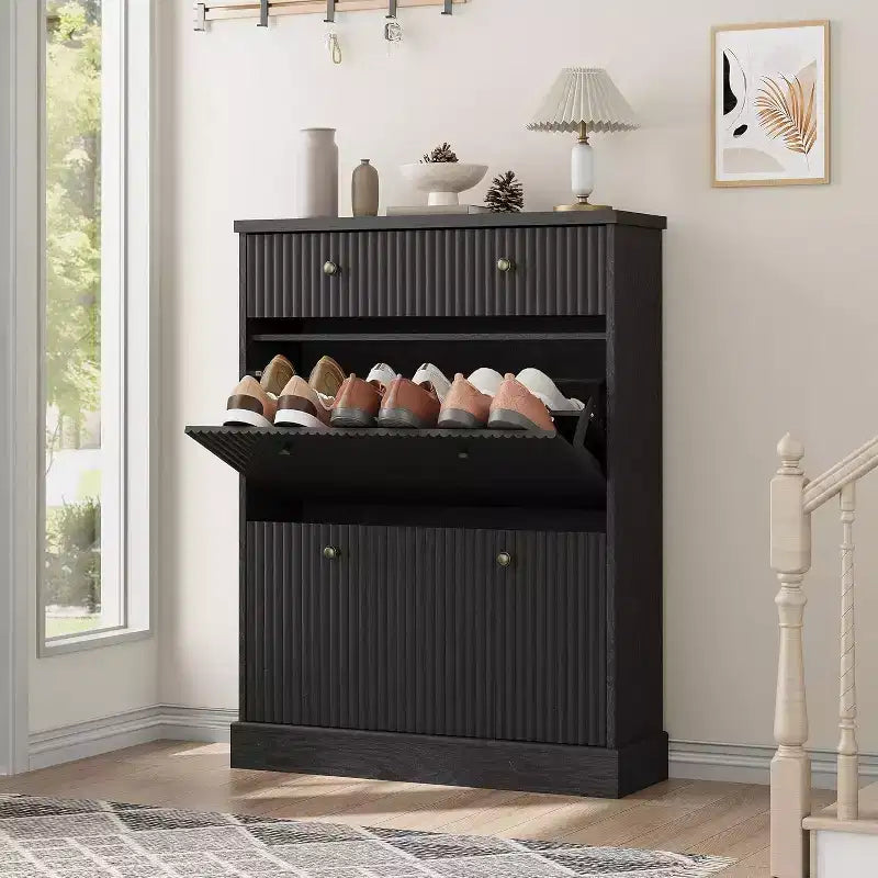 Scarpaia a ribalta Nera / Naturale / Noce con Cassetto Superiore, Contiene 12 Paia