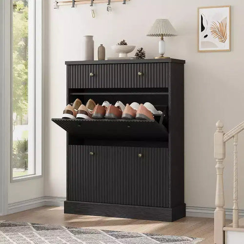 Scarpaia a ribalta Nera / Naturale / Noce con Cassetto Superiore, Contiene 12 Paia
