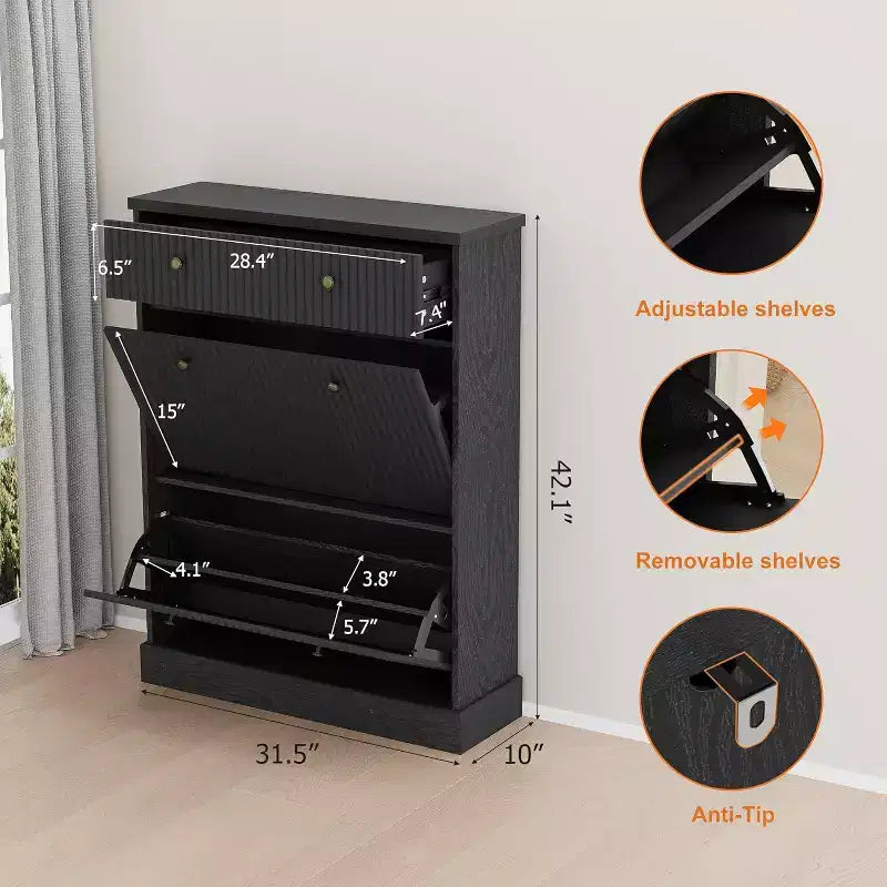 Scarpaia a ribalta Nera / Naturale / Noce con Cassetto Superiore, Contiene 12 Paia