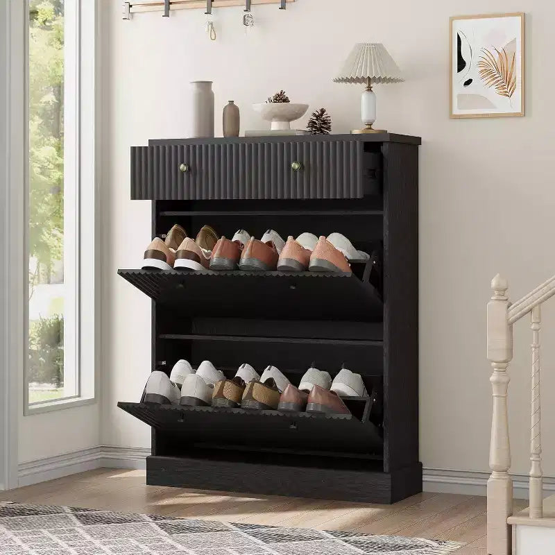 Large Fluted Shoe Cabinet: Features 2 Flip-Down & 1 Top Drawer with Adjustable Shelves. Freestanding Narrow Organizer for Entryway or Hallway.