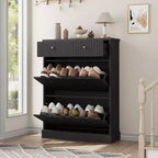 Large Fluted Shoe Cabinet: Features 2 Flip-Down & 1 Top Drawer with Adjustable Shelves. Freestanding Narrow Organizer for Entryway or Hallway.