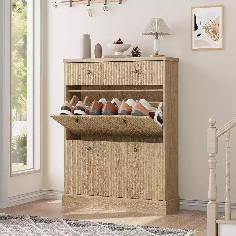 Scarpaia a ribalta Nera / Naturale / Noce con Cassetto Superiore, Contiene 12 Paia