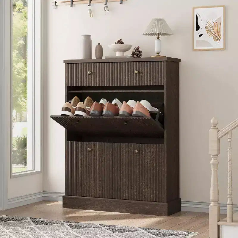 Scarpaia a ribalta Nera / Naturale / Noce con Cassetto Superiore, Contiene 12 Paia