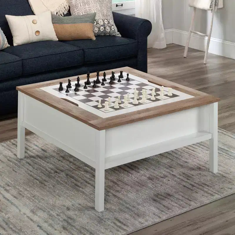 Tavolino quadrato bianco e marrone con piano da gioco e contenitore, posti a sedere 2-4