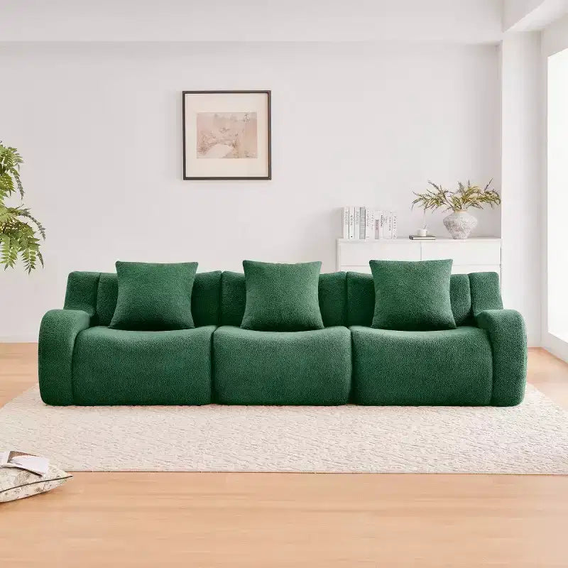 Divano sezionale modulare in tessuto Teddy nero / cammello / verde / arancio, bracciolo curvo, 3 posti