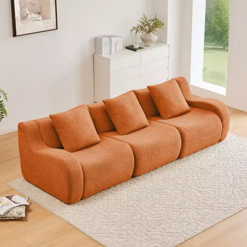 Divano sezionale modulare in tessuto Teddy nero / cammello / verde / arancio, bracciolo curvo, 3 posti