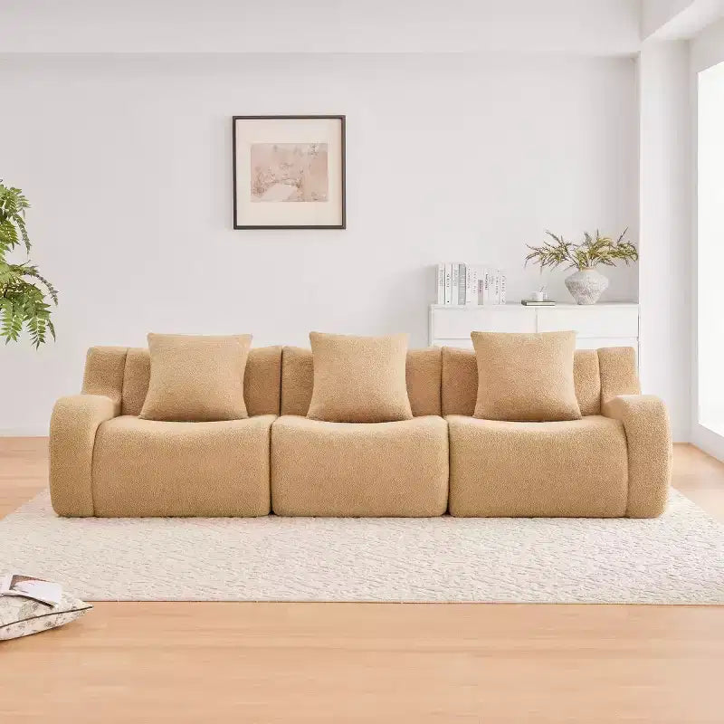 Divano sezionale modulare in tessuto Teddy nero / cammello / verde / arancio, bracciolo curvo, 3 posti