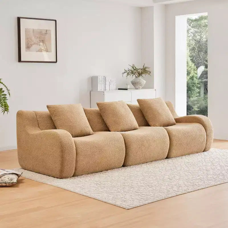 Divano sezionale modulare in tessuto Teddy nero / cammello / verde / arancio, bracciolo curvo, 3 posti