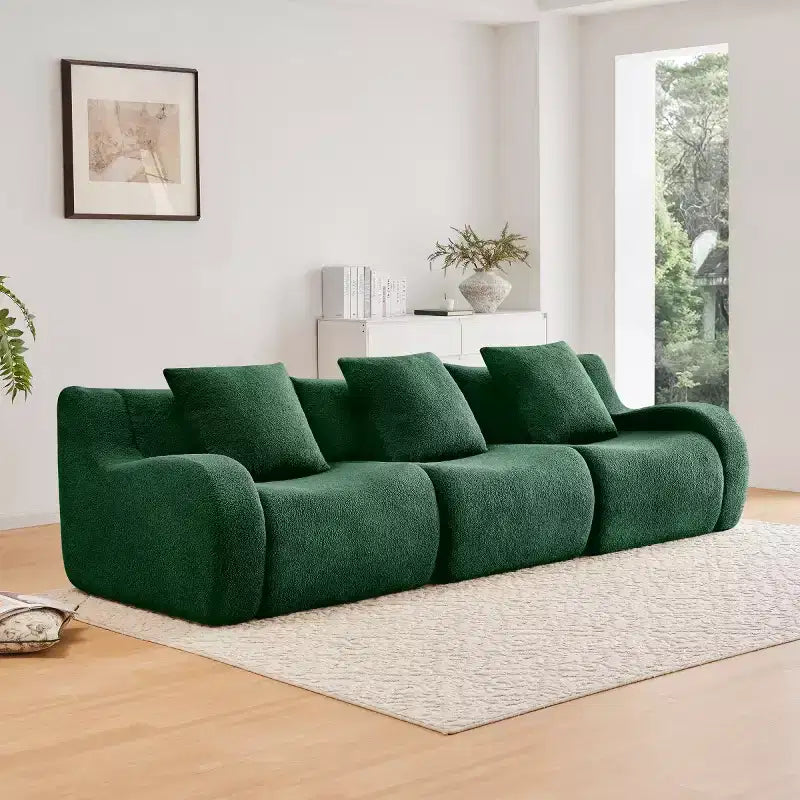 Divano sezionale modulare in tessuto Teddy nero / cammello / verde / arancio, bracciolo curvo, 3 posti