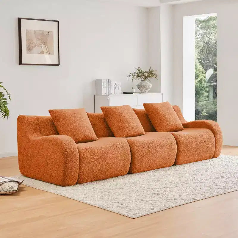 Divano sezionale modulare in tessuto Teddy nero / cammello / verde / arancio, bracciolo curvo, 3 posti