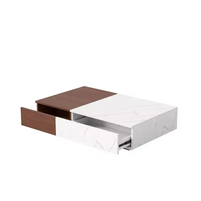 Tavolino basso bicolore con cassetti contenitore, marrone/grigio, rettangolare, motivo marmo, 1 pezzo