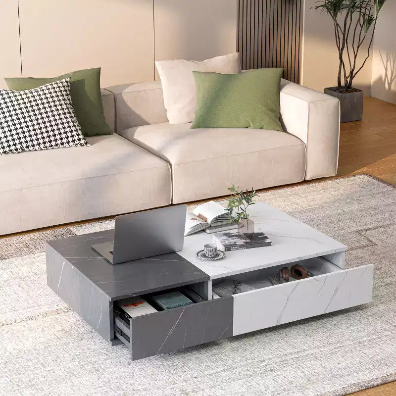 Tavolino basso bicolore con cassetti contenitore, marrone/grigio, rettangolare, motivo marmo, 1 pezzo