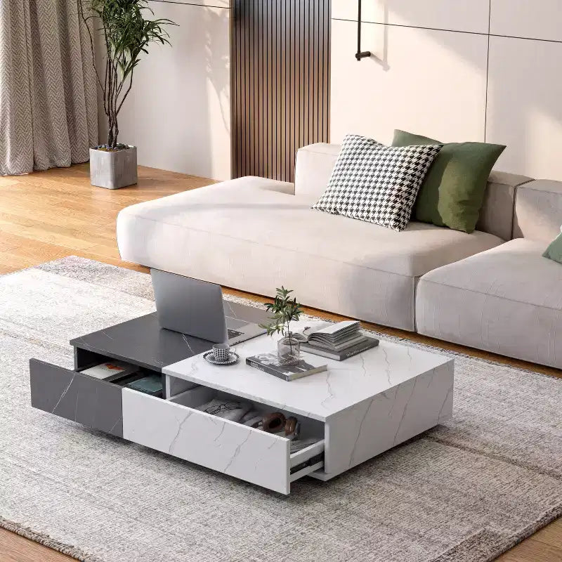 Tavolino basso bicolore con cassetti contenitore, marrone/grigio, rettangolare, motivo marmo, 1 pezzo