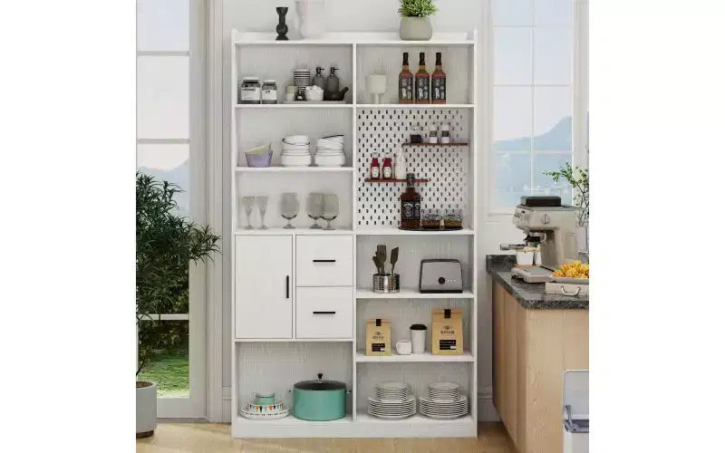 Libreria a 4 livelli con 10 scomparti aperti e 2 armadietti, noce/bianco, montaggio da 1 persona