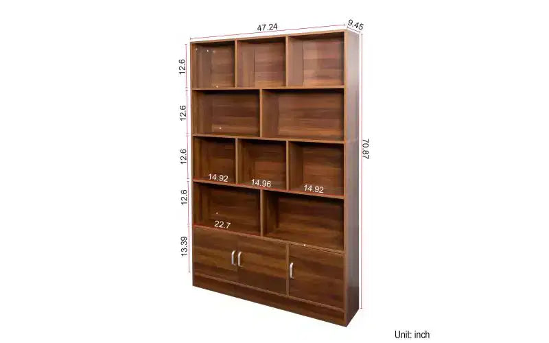 Libreria a 4 livelli con 10 scomparti aperti e 2 armadietti, noce/bianco, montaggio da 1 persona