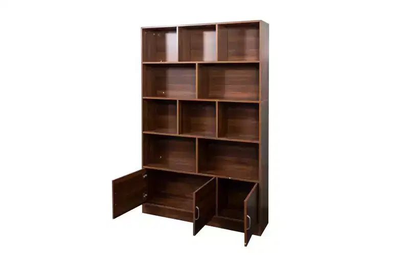 Libreria a 4 livelli con 10 scomparti aperti e 2 armadietti, noce/bianco, montaggio da 1 persona