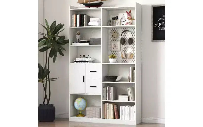 Libreria a 4 livelli con 10 scomparti aperti e 2 armadietti, noce/bianco, montaggio da 1 persona
