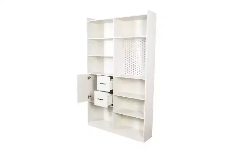 Libreria a 4 livelli con 10 scomparti aperti e 2 armadietti, noce/bianco, montaggio da 1 persona