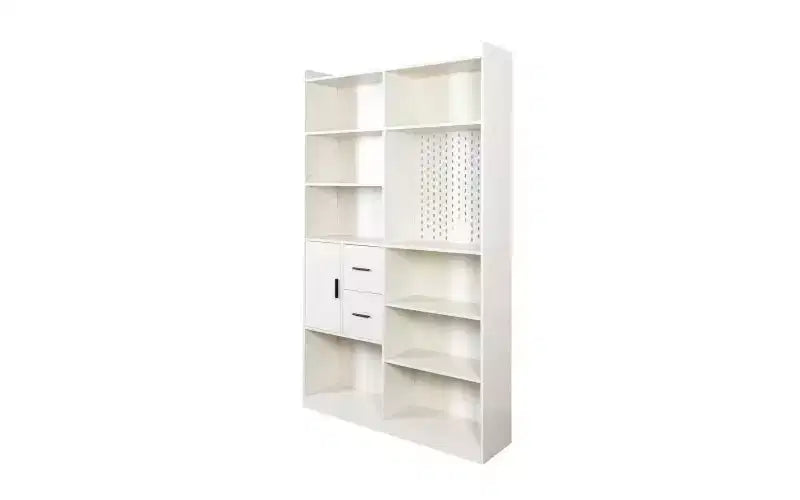 Libreria a 4 livelli con 10 scomparti aperti e 2 armadietti, noce/bianco, montaggio da 1 persona