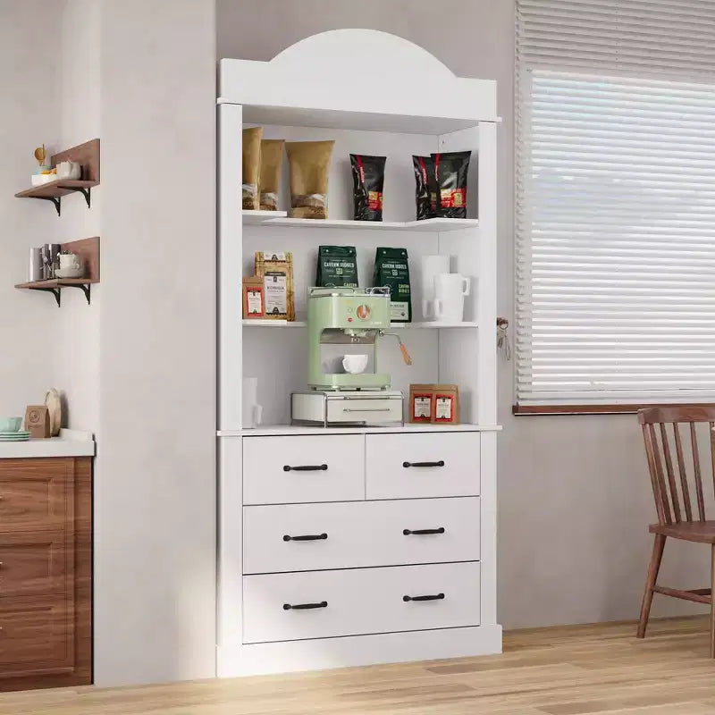 Dispensa da Cucina Autoportante Bianca con 3 Ripiani Aperti e 4 Cassetti
