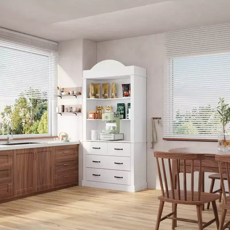 Dispensa da Cucina Autoportante Bianca con 3 Ripiani Aperti e 4 Cassetti
