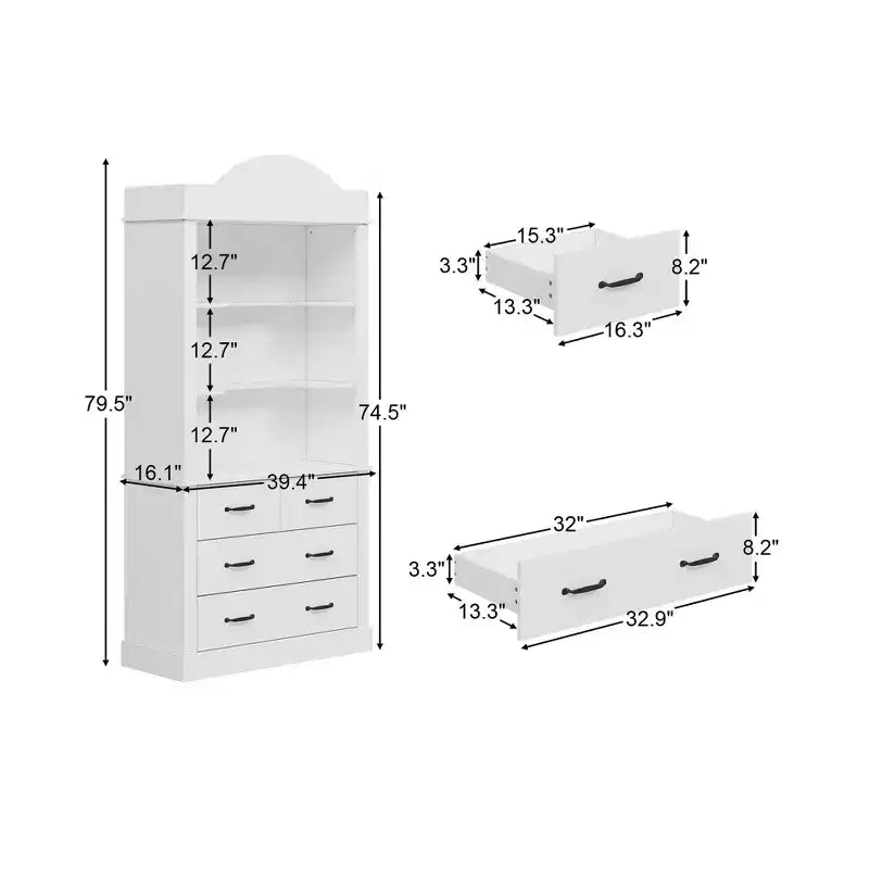 Dispensa da Cucina Autoportante Bianca con 3 Ripiani Aperti e 4 Cassetti