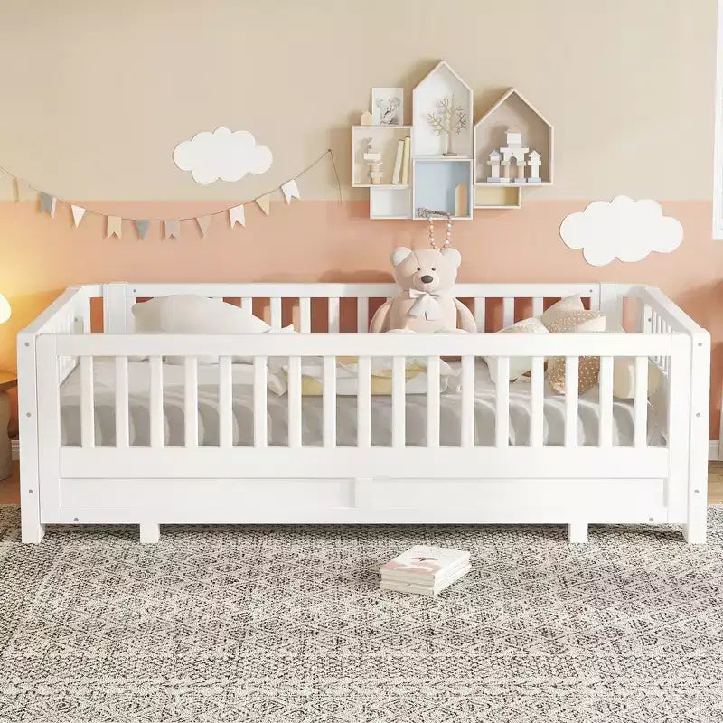 Letto a piattaforma convertibile grigio/bianco con sponde, da singolo a doppio/da singolo XL a queen size, per 1-2 persone