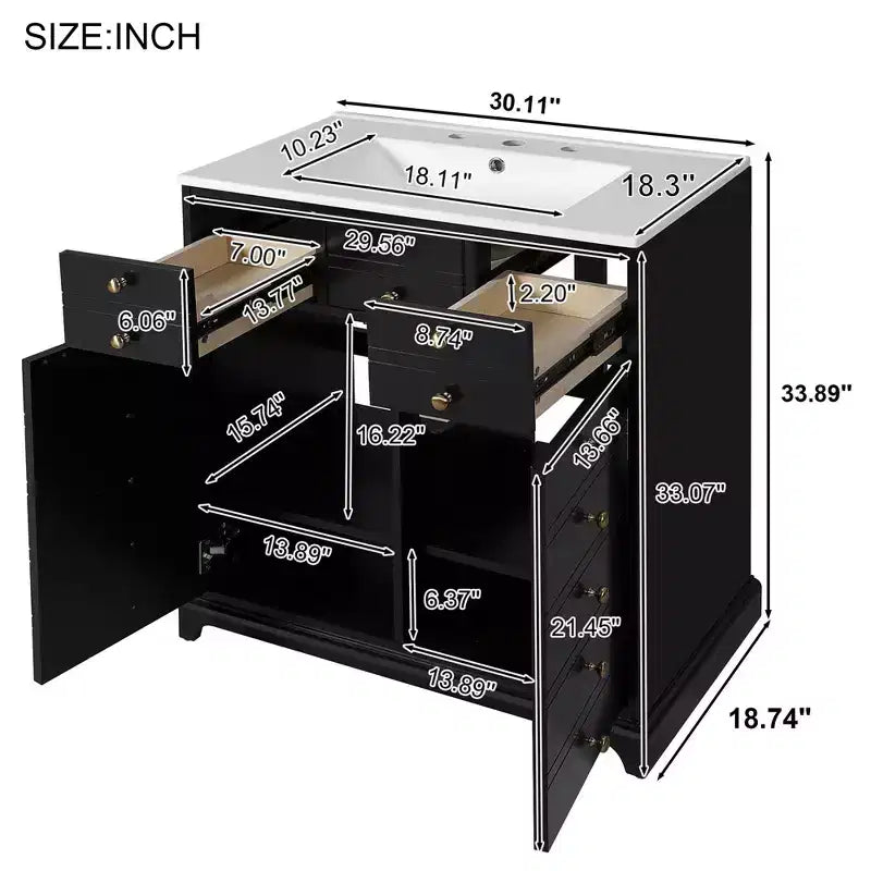 Mobile bagno nero da 30" con lavabo, 2 cassetti e ante con chiusura ammortizzata, 1 persona